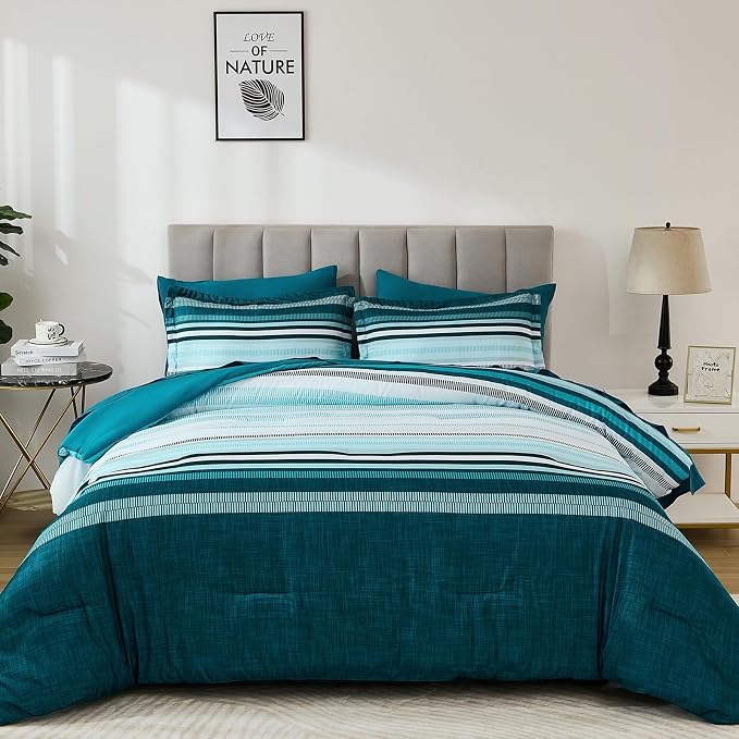 Dobuyly Teal King Size Comforter Set 7 Pieces, Blue Boho Striped Bed in a Bag Soft Microfiber All Season Bedding Set with Comforter, Sheets, Pillowcases & Shams