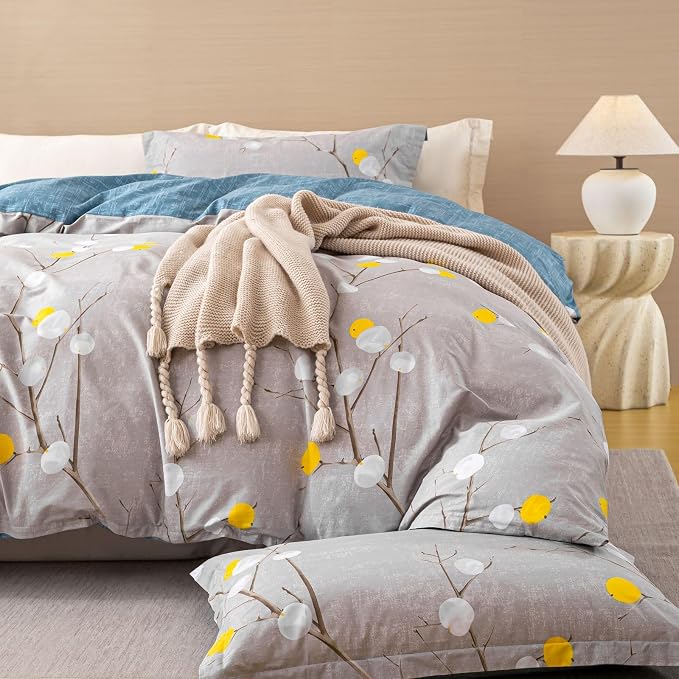 OAITE Twin Duvet Cover Set 3pcs 100% Cotton with Grey Abstract Branch | Soft, Breathable,Long-lasting,Comfort,Hidden Zipper,8 Corner Ties,Easy Care for All Season