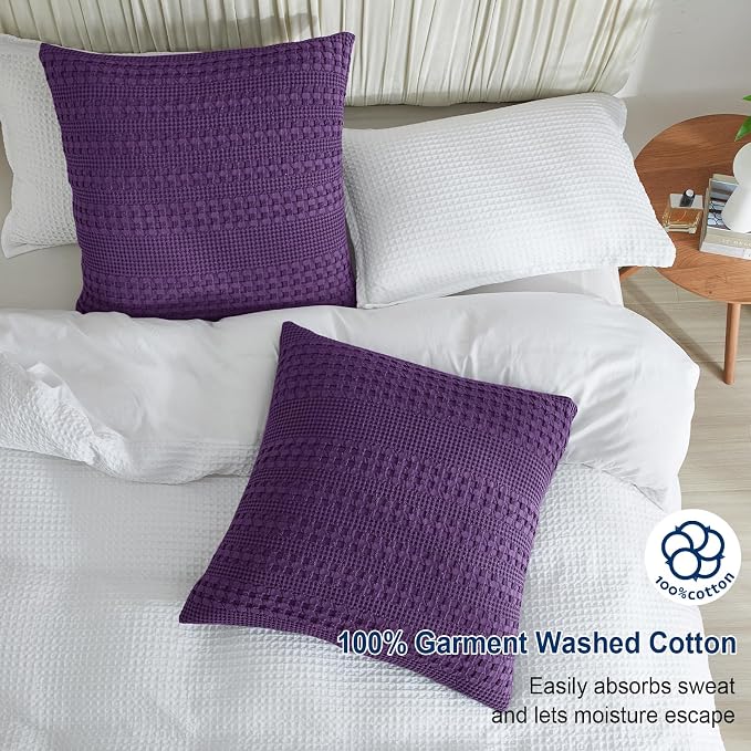 PHF 100% Cotton Waffle Weave Euro Sham Covers, 2 Pack 26" x 26" Bed Pillow Covers for Elegant Home Decor, No Filling, Luxury Aesthetic Soft Euro Pillow Cases for Bed, Grape