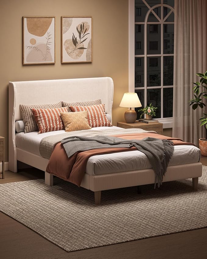 Bestier Full Bed Frame with Wingback Headboard,Upholstered,Beige | No Box Spring Needed,Easy Assembly,Wingback Headboard,No Squeaks,Vertical Channel Corduroy Upholstered,Wooden Slats Support