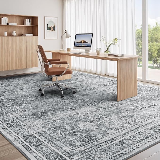 6x9 Area Rug for Living Room Bedroom, Non-Slip Washable Grey Carpet | Soft Neutral Rugs for Dining Room Home Office Indoor Nursery, Stain Resistant, Low Pile, Foldable, Vintage Distressed Rug