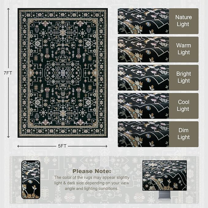 5x7 Area Rugs Living Room: Washable Vintage Rug for Bedroom Black | Boho No Slip Stain Resistant Rug Soft Indoor Decor Floor Floral 5x7 Area Rugs for Dining Room, Nursery, Hallway, Home Office