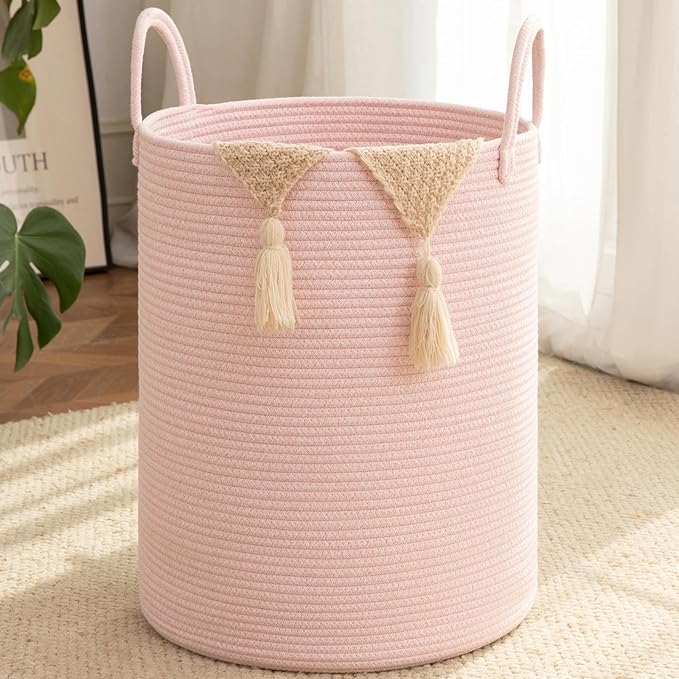 OIAHOMY 80L Nursery Hamper Laundry Basket Laundry Hamper Pink | collapsible Blanket Basket Cotton Rope Woven Basket Dirty Clothes Hamper Baby Hamper Tall Clothes Hamper with Handles