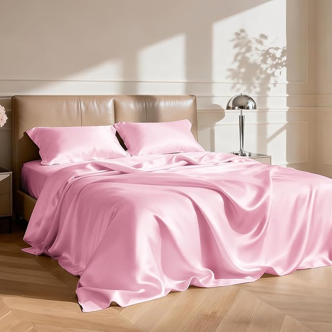 Love's cabin Full Size Satin Sheet Sets - 4 Piece Pink Silky Sheet Set Full with Deep Pocket, Luxury Silk Feel Bed Sheets Full Bedding Set (1 Flat Sheet,1 Fitted Sheet,2 Pillow Cases)