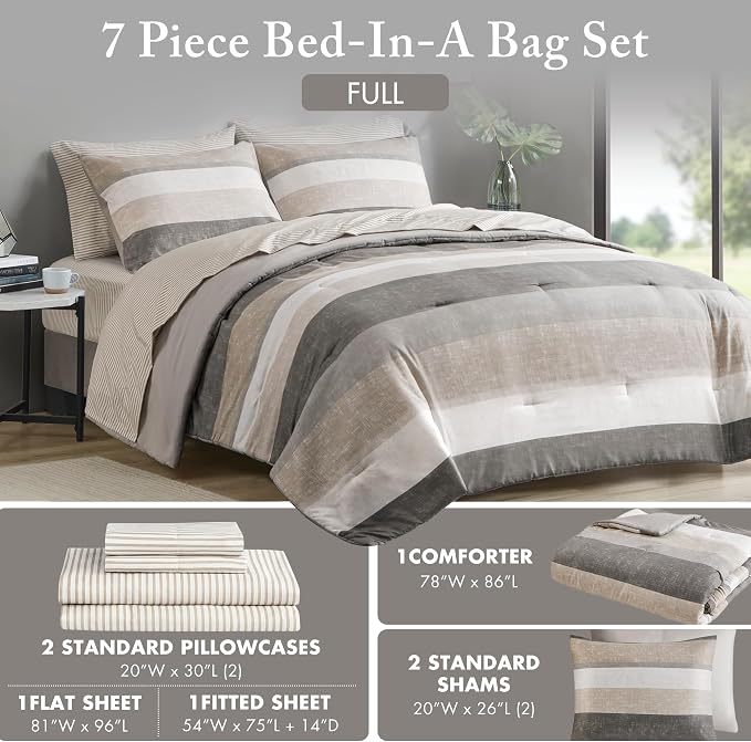 Madison Park Essentials Full Comforter Set, Bed in A Bag Comforter & Sheet Set, Modern Casual Stripes Print, All Seasons, Soft Microfiber Bedding Makeover, Matching Shams, Full Taupe/Grey 7 Piece