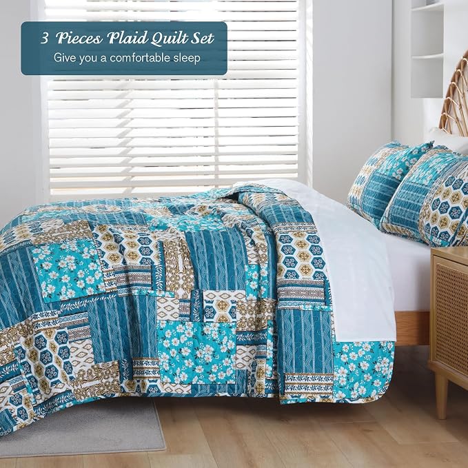 Mybedsoul Boho King Quilts, Patchwork Bedding Set, Dusty Blue | Soft Lightweight Microfiber Floral Coverlet Set, 3 Pieces Plaid Bedspread, Reversible Bed Sets for All Seasons 90"x110"