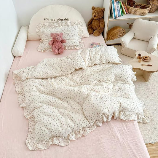 Muslin Cotton Pink Floral Print Duvet Cover for Toddler Girls Kids Comforter Cover for Toddler Bed/Crib Duvet Cover with Ruffles, 47"x59", No Pillow Cases