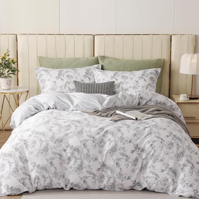 OAITE King Duvet Cover Set 3pcs 100% Cotton with Grey Line Art Floral Vine | Soft, Breathable,Long-lasting,Comfort,Dual Zipper,8 Corner Ties,Easy Care for All Season