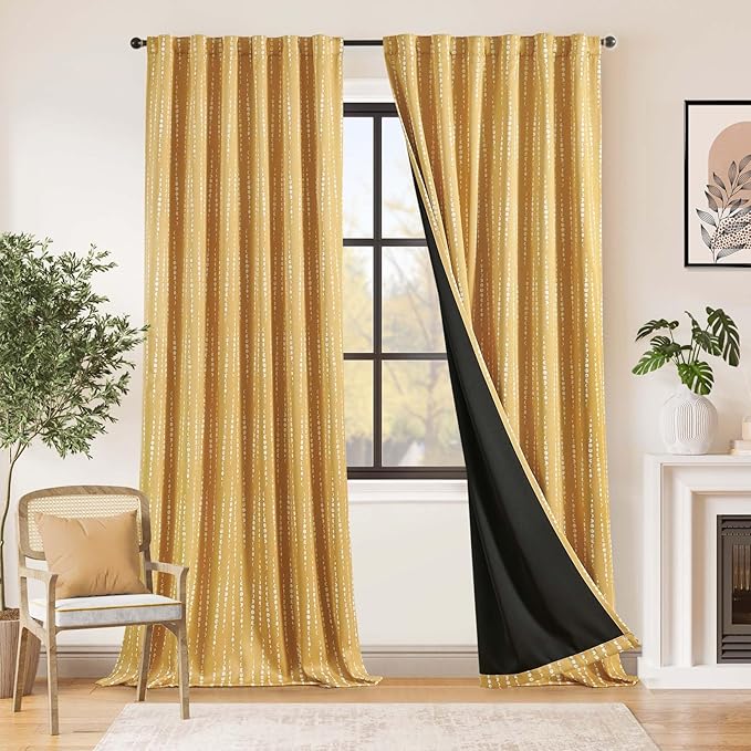 jinchan Boho Blackout Curtains 96 Inches Long Moon Phase Printed Drapes | Mustard Yellow Farmhouse Curtain for Bedroom Living Room Back Tab Rod Pocket Drapes Room Darkening Window Treatment 2 Panels
