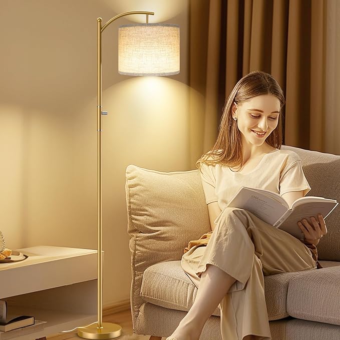 Dimmable Floor Lamp, Arc Floor Lamps for Living Room, Stepless Dimming Modern Standing Lamp with Linen Shade, Tall Lamp for Bedroom Office Dining Room- Gold