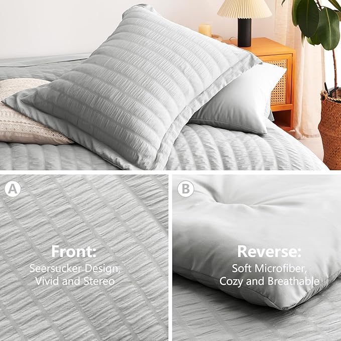 Oversized Queen Seersucker Comforter Set, Light Grey, 98 x 98 in | OEKO-TEX Certified, 7 Pieces Bed in a Bag with 240 GSM Down Alternative Comforter, Flat & Fitted Sheets, Pillowcases & Shams