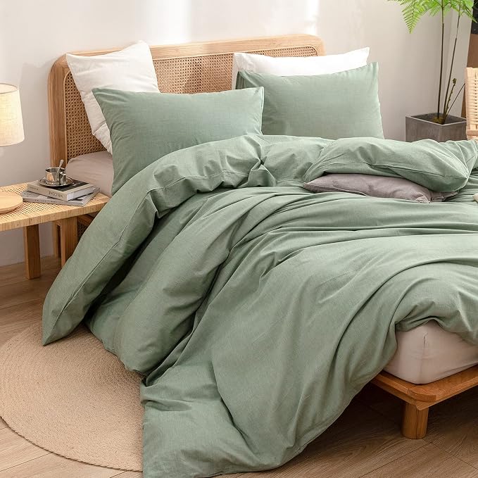 BESTOUCH Cotton Solid Duvet Cover Set Linen Feel Green California King | 100% Washed Cotton, Soft Wrinkle Texture, Hidden Zipper, 8 Ties, Breathable Lightweight Durable Comfy, 3 Pcs No Insert