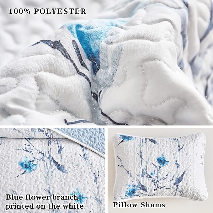 Botanical Quilt Set 3 Pieces Full/Queen Size, Blue Flower Branch on White Reversible Bedspread Coverlet Set, Soft Microfiber Lightweight Bed Cover for All Season (90" x 90", 1 Quilt+ 2 Pillow Shams)