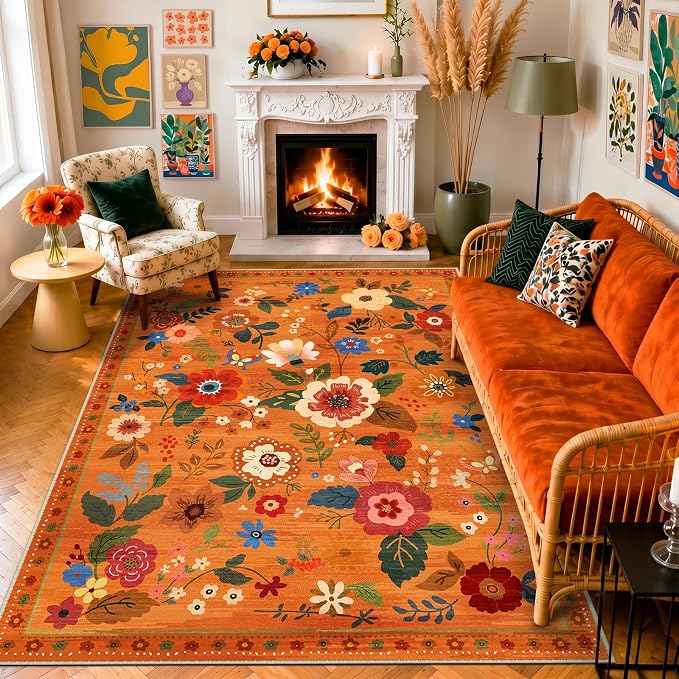 RELEANY Floral Washable 6x9 Area Rugs BurntOrange | Flower Carpet, Print, Boho, Non-Slip, Easy to Clean, Soft, Low Pile for Living Room Bedroom Kitchen Office Entryway Hallway