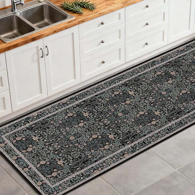 Washable 2'6" x 8' Runners for Hallways, Non Slip Long Floor Runner for Kitchen, Entryway Indoor, Stain Resistant Rubber Backing Floral Decor Rug (Black)