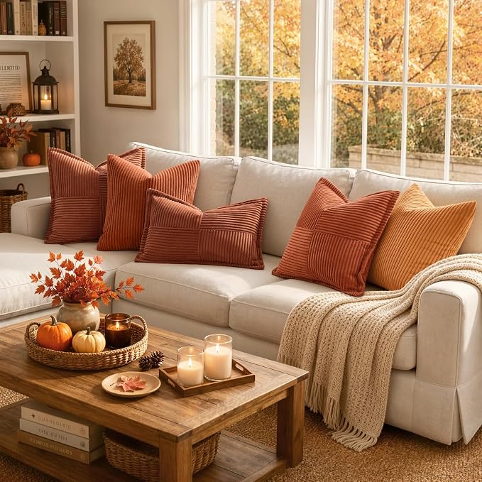 MIULEE Fall Rust Decorative Throw Pillow Covers for Couch 20x20 Inch | 2 Pack, Terracotta Boho Broadside Striped Patchwork Pillow Covers, Soft Corduroy Cushion Cases, For Sofa Bed Livingroom