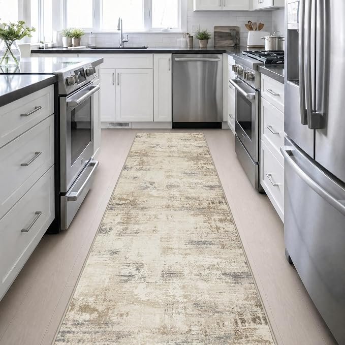 3x14 Washable Runner Rug：Modern Abstract Soft Carpet Beige Brown | For Hallway, Bedroom, Kitchen, Laundry, Bathroom,Door Mat,Modern Abstract,Machine washable,Non-Slip,Stain Resistant,Indoor