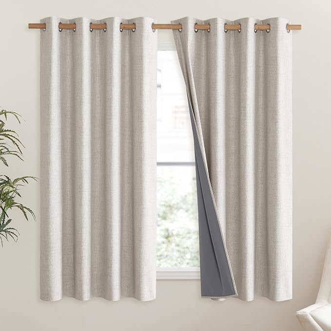 NICETOWN Brich Vintage Open Linen Weave Flax Thermal Curtains, 100% Blackout Curtains 63" Long for Dining Room, Soundproof Window Treatment Drapes for Hall Room, 52" Wide Per Panel, Set of 2