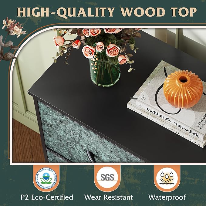 WLIVE 8 Drawer Fabric Dresser for Bedroom, Tall Storage Tower, Green | Green 8-drawer tall storage tower with fabric bins and wood tabletop, breathable non-woven, perfect for bedroom closet dorm