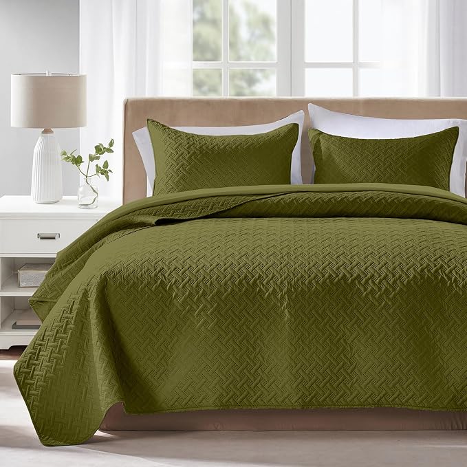 FLYMME Quilts King Size,Lightweight Olive Green Bedspreads,Basket Weave Pattern,Ultra Soft Microfiber Bed Coverlet 3 Pieces for All-Seasons (1 Quilt,2 Shams)
