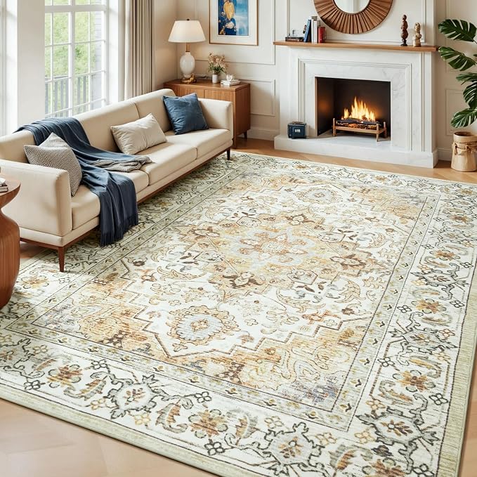 8 x 10 Area Rugs for Living Room, Washable Bedroom Large Rug, Beige | Boho Low Pile Rug for Dining Room, Floral Medallion Vintage Carpets with Non-Slip Backing, Kids Pet Friendly, Fit All Vacuums