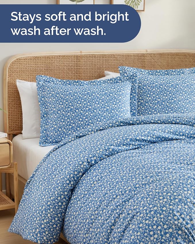 Duvet Cover Cal King Size - Floral Duvet Cover - 3 Piece - Bluefield | Soft Floral Duvet Cover 104 x 98 with 2 Pillow Shams, Zipper Closures & Ties, Floral Bedding for Women, Men, Kids & Teens