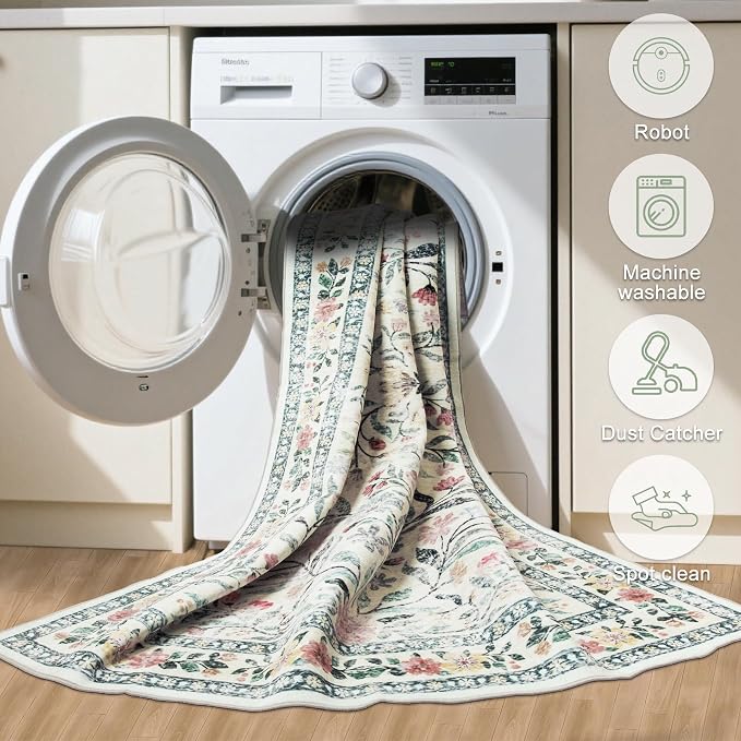 PLHXFR Round Area Rug Living Room: 8 ft Floral Washable Carpet Green Beige | For Bedroom Dining Room Farmhouse Nursery Hallway,Vintage Floral,Machine washable,Non Slip,Stain Resistant,Large Indoor
