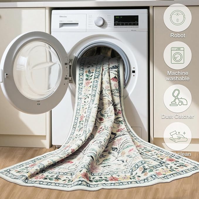 PLHXFR 6x9 Area Rug Living Room: Floral Washable Boho Carpet Green Beige | For Bedroom Dining Room Farmhouse Nursery Hallway,Vintage Floral,Machine washable,Non Slip,Stain Resistant,Large Indoor