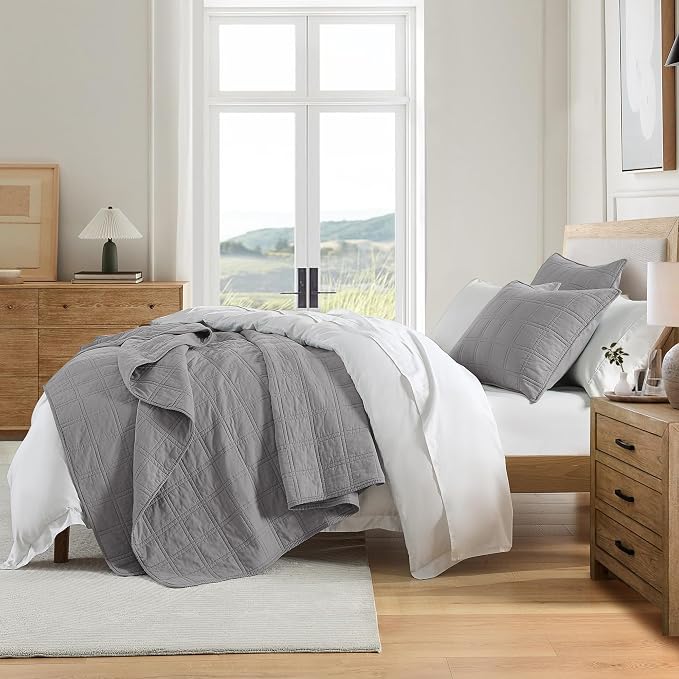 HORIMOTE HOME 100% Cotton Quilt Set Twin Size, Grey Pre-Washed Bedspreads Coverlet Set in Geometric Pattern, Cozy Lightweight Stitching Decorative Bedding Cover with 1 Sham for All Season