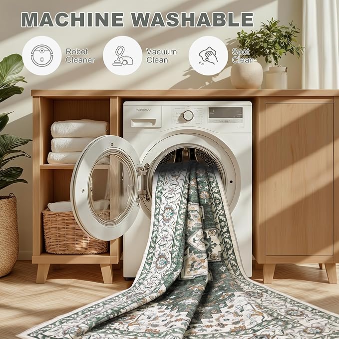 8x10 Area Rugs Living Room: Washable Rug for Bedroom Green Ivory | Boho No Slip Stain Resistant Rug Soft Indoor Decor Floor Floral Area Rugs for Dining Room, Nursery, Hallway, Home Office
