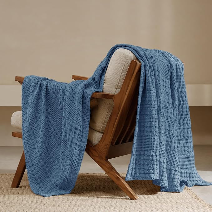 PHF Lightweight 100% Cotton Waffle Throw Blanket for Couch, Denim Blue | Pre-Washed Soft Cotton Comfort, Breathable Layering Warmth for Fall & Winter, Office, Travel, Sofa, Home Decor & Gifts
