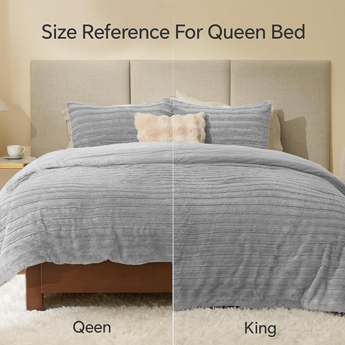 BEDELITE Faux Fur Queen Comforter Set, Fluffy Bed Set, Light Grey | Super Soft & Warm, Luxury Fuzzy Cozy Comforter for Winter, Heavy Plush Bed set, with 2 Pillowcases