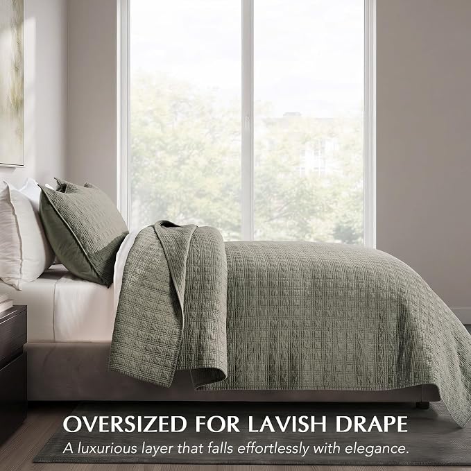 EVERGRACEHOME Cotton Sateen Windowpane Quilt Set Queen Size, Stone Sage | 100% Cotton, Pre-Washed Soft Coverlet Bedspread, 3-Piece Lightweight Bedding Set for All Season, with 2 Pillow Shams