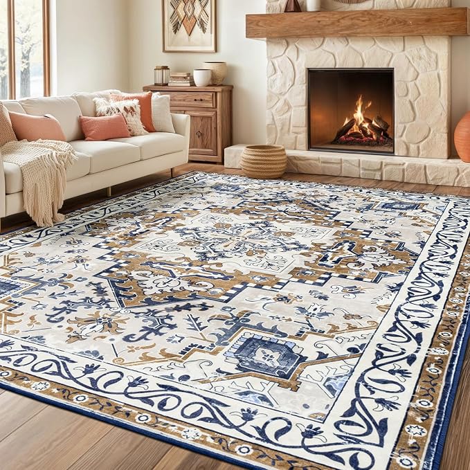 Rugflix 9x12 Area Rugs for Living Room, Washable Light Brown Large Rug | Machine Washable; Stain-Resistant; Low Pile; Non-Slip; Boho Vintage Printed; Carpet for Bedroom Dining Office Nursery Home