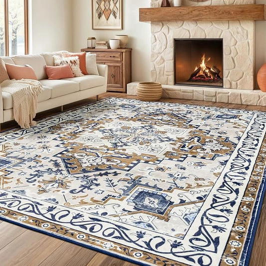 Rugflix 9x12 Area Rugs for Living Room, Washable Light Brown Large Rug | Machine Washable; Stain-Resistant; Low Pile; Non-Slip; Boho Vintage Printed; Carpet for Bedroom Dining Office Nursery Home