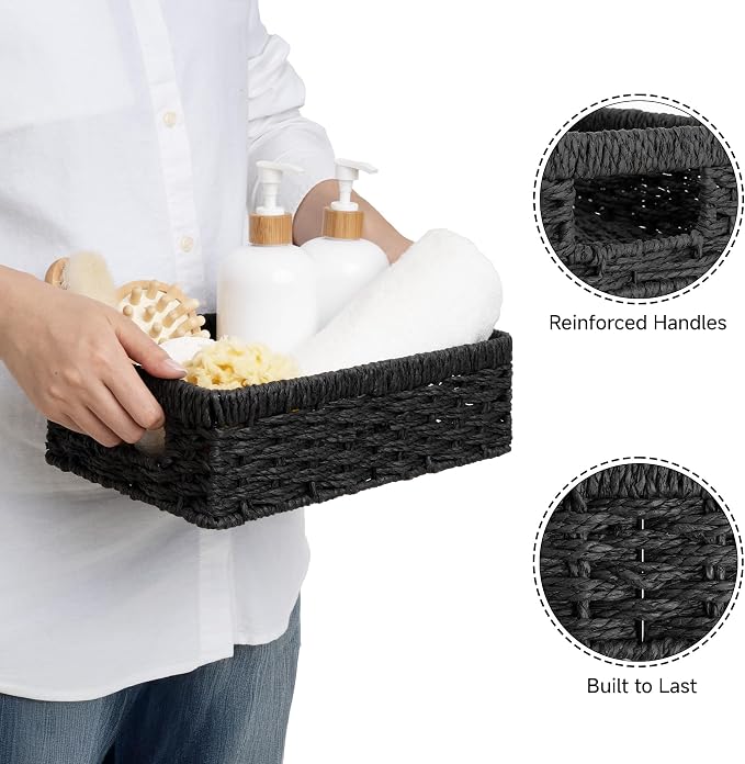 StorageWorks Wicker Baskets for Organizing, Paper Rope Black Baskets,2-Pack | Black Wicker Basket, Black Storage Basket, Woven Baskets for Storage, Small Baskets for Organizing, Wicker Storage Baskets