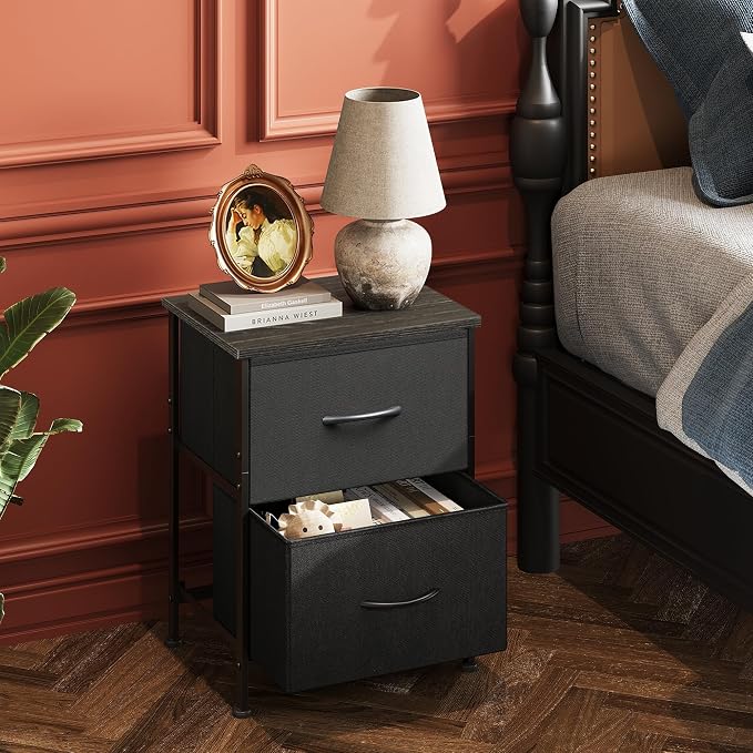 WLIVE Black Nightstand Set of 2, Night Stand with 2 Fabric Drawers, Small Dresser for Bedroom, Bedside Tables for Small Spaces, Dorm, Wood Top | Versatile Small Side Table, Sturdy Metal Frame & Adjustable Feet, 15-Min Quick-Assembly