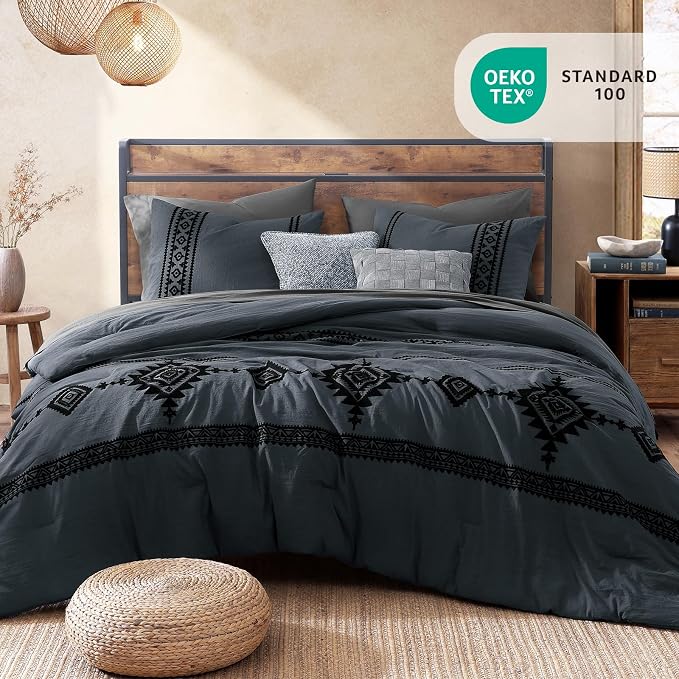 MaiRêve Embroidery King Size Comforter Set 7 Pieces Blue Grey Bed in a Bag | Western Boho Farmhouse Bedding Sets with Comforter, Sheets, Pillowcases & Shams