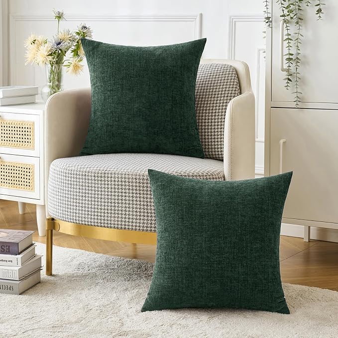 MIULEE Soft Chenille Throw Pillow Covers Green 16x16 Inch Pack of 2 | Modern Home Decor, Classic Decorative Pillows, Solid Dyed Cases, Boho Couch Cushion Covers for Sofa Bed Living Room