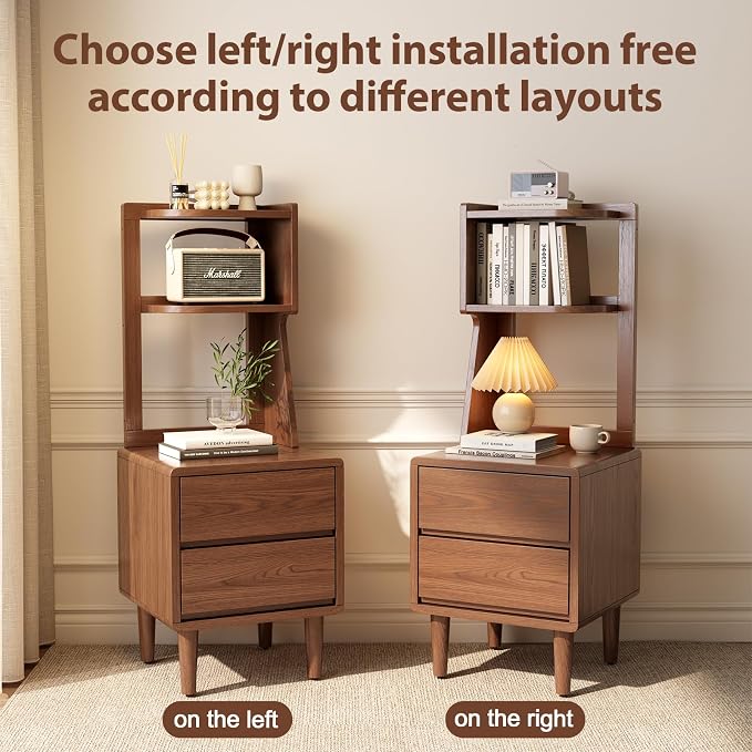 Solid Wood Bookshelf Nightstand Combo, Tall Nightstand with Bookshelf | Walnut Nightstand Bookshelf,Solid Wood Nightstand with Drawers,Open Shelf Bookcase,for Bedroom,Living Room,Offices