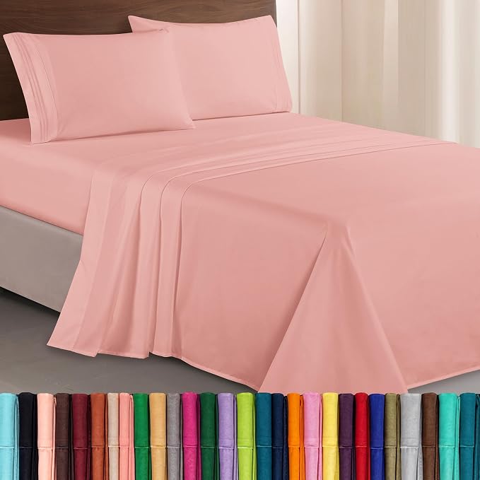 Elegant Comfort Luxurious 1500 Premium Hotel Quality Microfiber Three Line Embroidered Softest 4-Piece Bed Sheet Set, Wrinkle and Fade Resistant, Twin/Twin XL, Dusty Rose