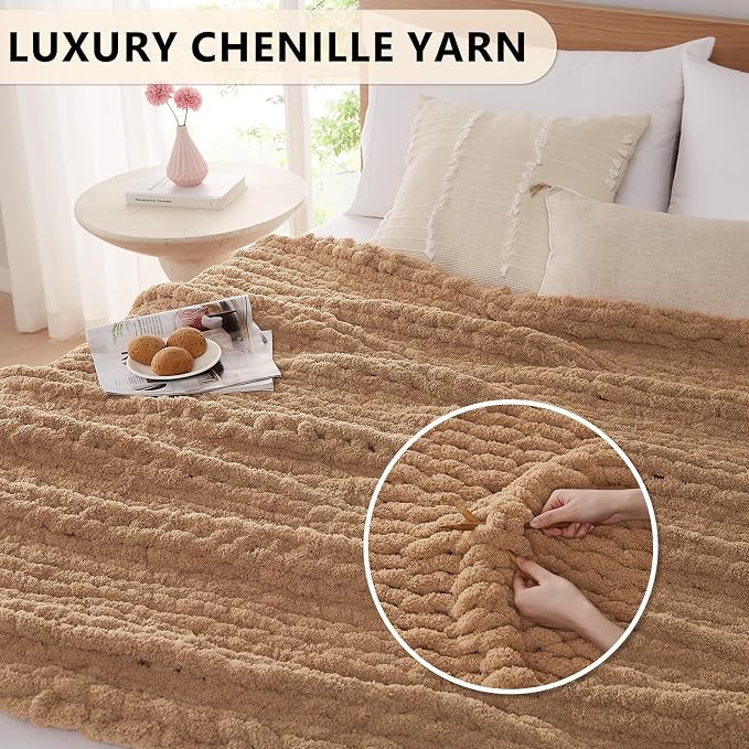 L'AGRATY Chunky Knit Throw Blanket for Couch, 50'' x 60'' Knit Throw, Tan | Handmade Chenille Crochet Blanket for Sofa Bed, Thick Cable Knitted Blankets for Room Home Decor, Birthday Gift for Women Mom