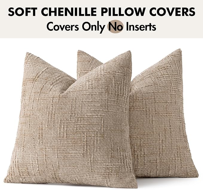 MIULEE Chenille Textured Throw Pillow Covers Oatmeal 18x18 Set of 2 | Slubby Decorative Pillows, Boho Farmhouse Home Decor, Modern Neutral Cushion Covers for Couch Sofa Bed Living Room