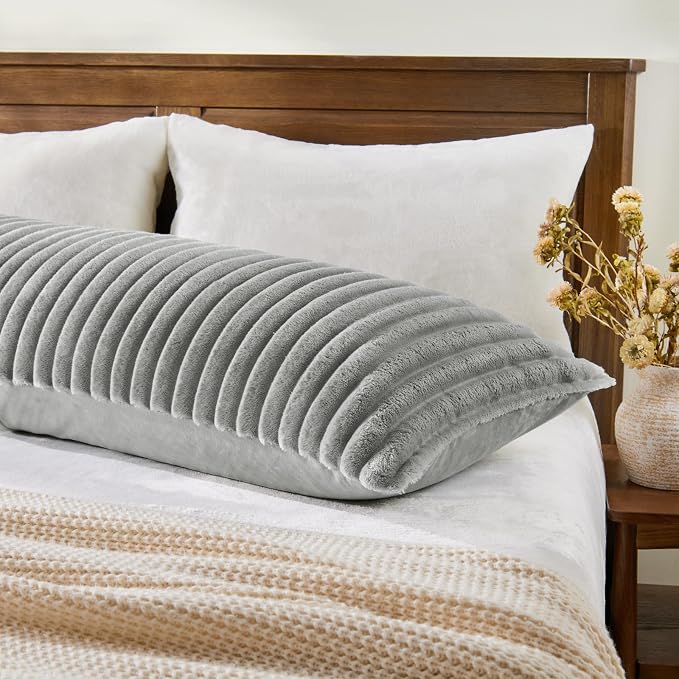 BEDELITE Fluffy Striped Body Pillow Cover with Zipper, Light Grey, 20x54 | Ultra-soft Faux Fur with 5D Striped Texture, Comfy, Plush, and Cloud-like, Body Pillow Pillowcase for Bed Couch Room Decor