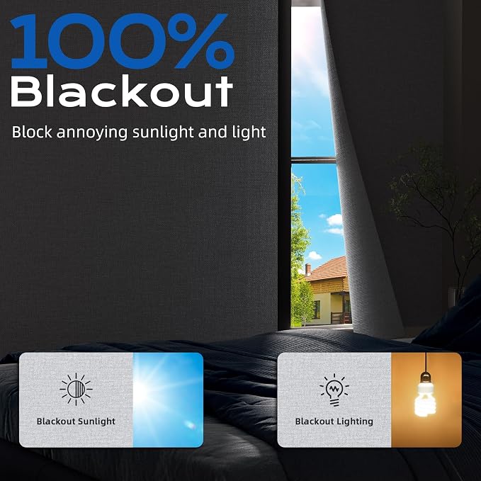 Linen Blackout Curtains for Bedroom, 70" x 58" Portable Blackout Blinds | 100% Blackout Window Cover with Hook&Loop Strip, Temporary Blackout Shades, Blackout Window Film for Nursery Travel RV- Gray