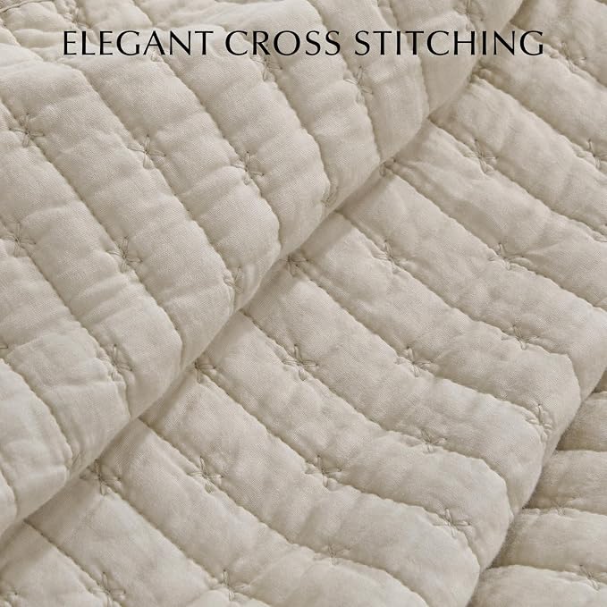 100% Cotton Cross Stitch 3-Piece Quilt Set, Queen, Flax Beige | 100% Cotton, Elegant Cross Stitch, Soft & Breathable, Prewashed Softness, Oversized Design, OEKO-TEX® Certified
