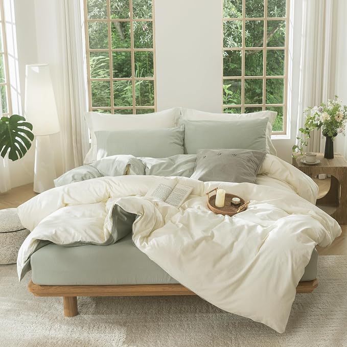 BDEAR 3Pcs Duvet Cover Set King Size 104" Wx90 L,Pale Yellow and Sage Green | 100% Washed Cotton, 1 Duvet Cover with 2 Pillowcases, Zipper Closure, OEKO TEX Standard,8 Corner Ties,Linen-Liked Texture