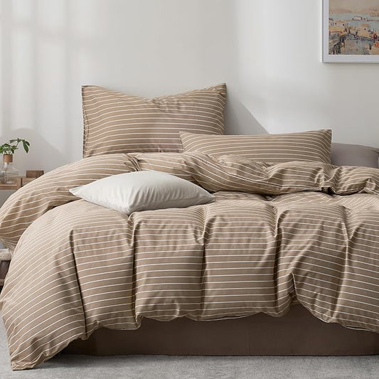 JELLYMONI 100% Cotton Wide Striped Queen Duvet Cover Set, White/Tan | Classic Stripes, 8 Corner Ties & Double-Head Hidden Zipper, Breathable and Soft, For Any Master Bedroom