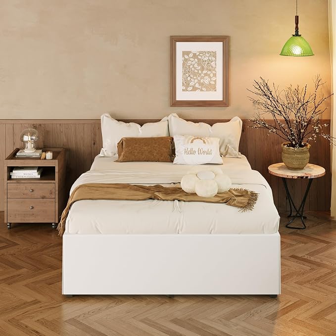 EMODA Queen Bed Frame with White Cover No Box Spring Needed, 18 Inch Heavy Duty Metal Platform BedFrame Queen Size with Steel Slats, Easy Assembly