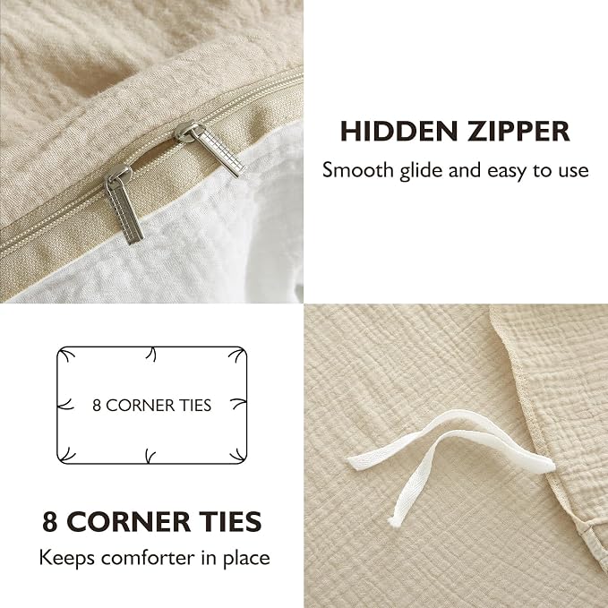 EMME Cotton Muslin Duvet Cover Set King Size Linen Like Soft Breathable Lightweight Summer Comforter Cover Set with Zipper Closure (Light Tan&White, King, 104"x90")
